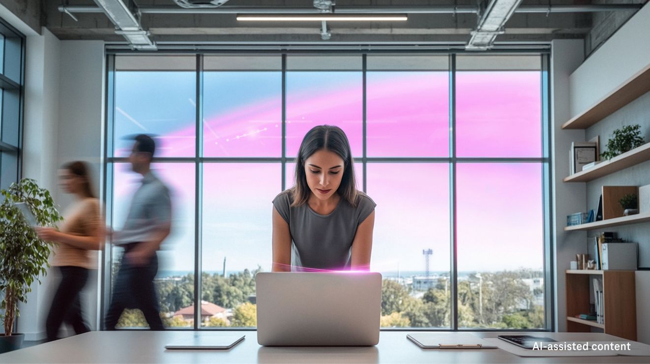 A financial advisor on a SuperBroadband connected laptop confidently consults with an online client.