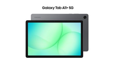 Samsung Galaxy Tab A11+ 5G shown from the front and back in gray.