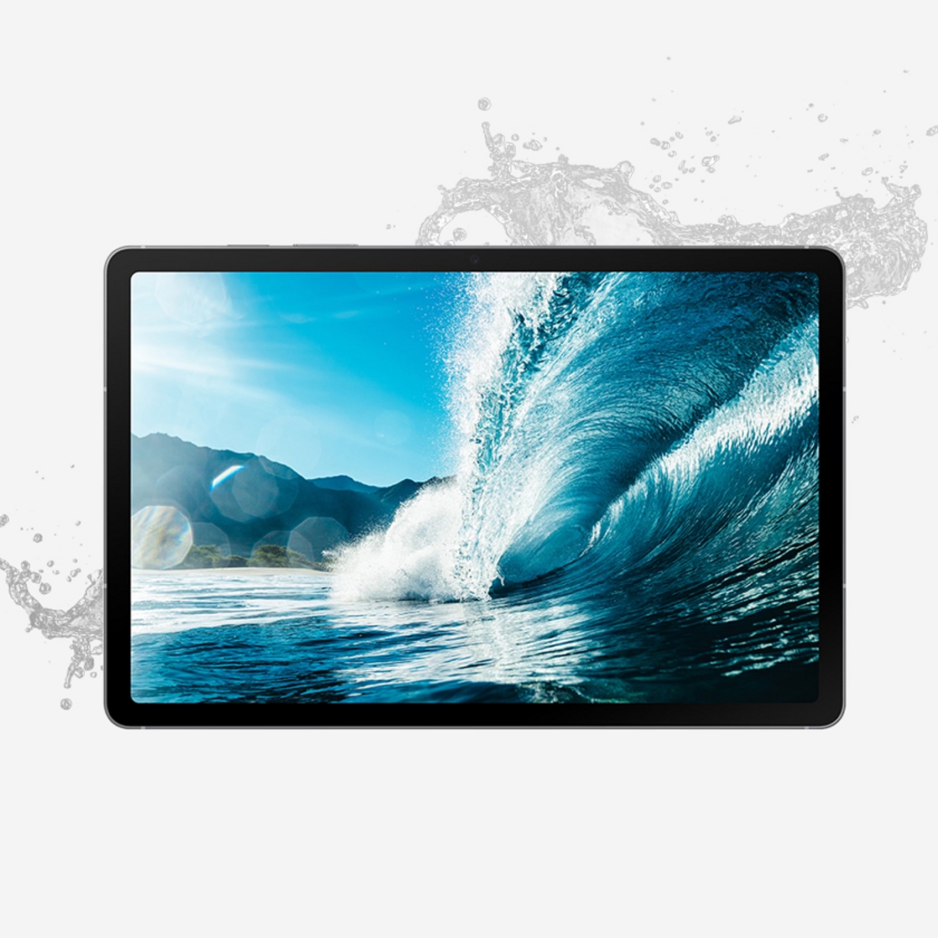 Samsung S10 FE Tablet device with water splashing around it.