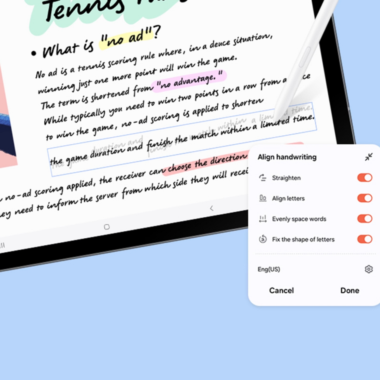Samsung S10 FE Tablet device showing handwriting assist being used to organize notes