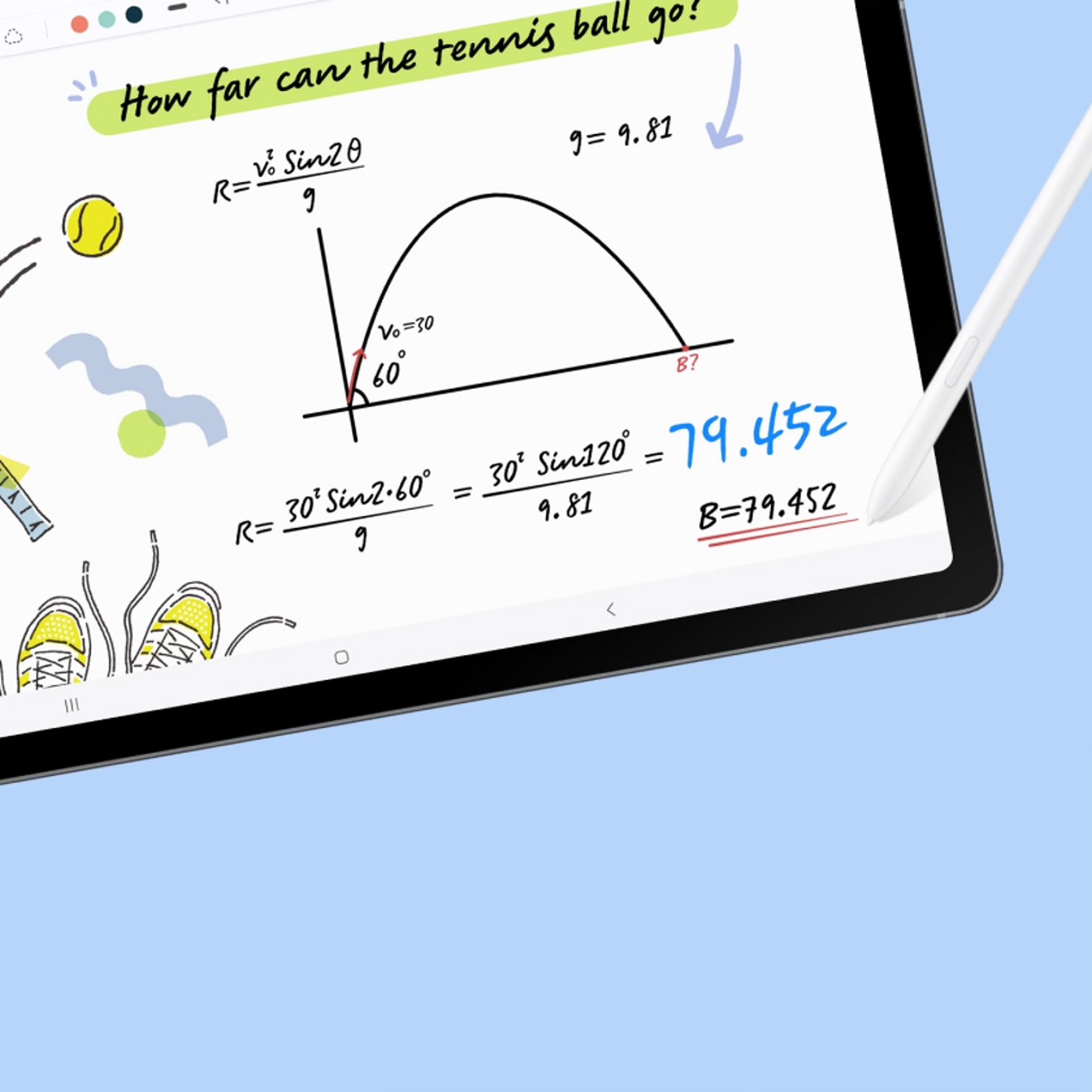 Samsung S10 FE Tablet device showing math solver being used to solve a mathematical equation