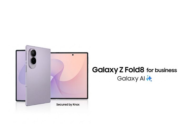 Two Galaxy Z Fold8 devices with Galaxy AI, secured by Knox, one folded, one open with large display.