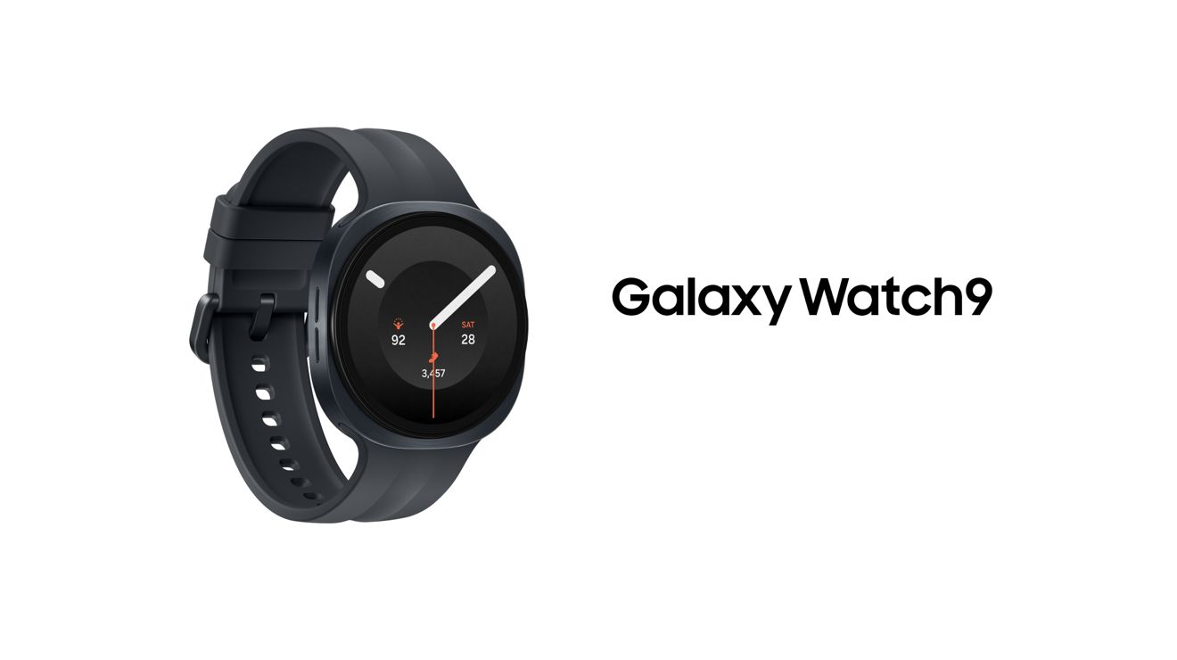 Front view of Samsung Galaxy Watch9 with black sport band.