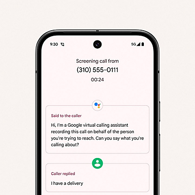 Screen of Google Pixel 9 showing a call being screened by Google virtual calling assistant 