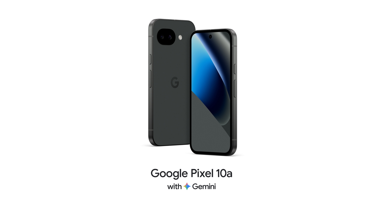 Two Google Pixel 10a devices with Gemini, shown back and front.