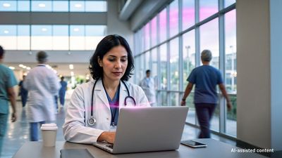 A doctor in a busy hospital connects to the network with SuperBroadband, providing seamless patient care.