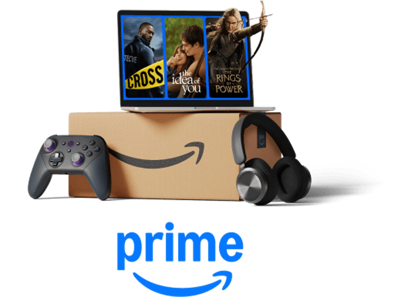 Laptop with Amazon Prime show promos on it sitting on top of an Amazon box with game controller and headphones leaning against it.