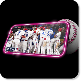 Smartphone (with a magenta glow, showing baseball players celebrating) resting on a baseball.