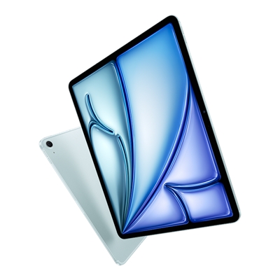 A sleek iPad Air angled in midair, showing a glossy blue abstract design    that really plays up its big, immersive screen.