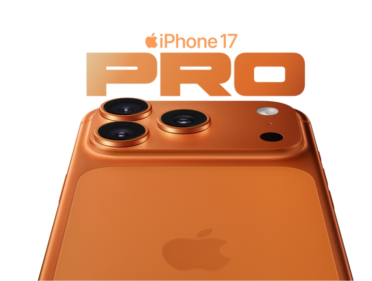 The back of a Cosmic Orange iPhone 17 Pro with the words iPhone 17 Pro.