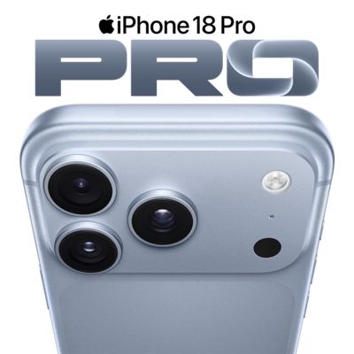 Close-up rear camera view of a Glacier iPhone 18 Pro with the Pro logo.