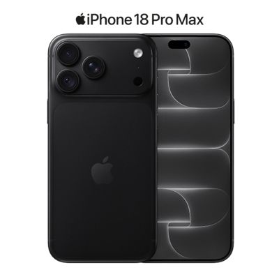 Front and back views of a black iPhone 18 Pro Max with the Apple iPhone 18 Pro Max logo.