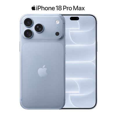 Front and back views of a Glacier iPhone 18 Pro Max with the Apple iPhone 18 Pro Max logo.