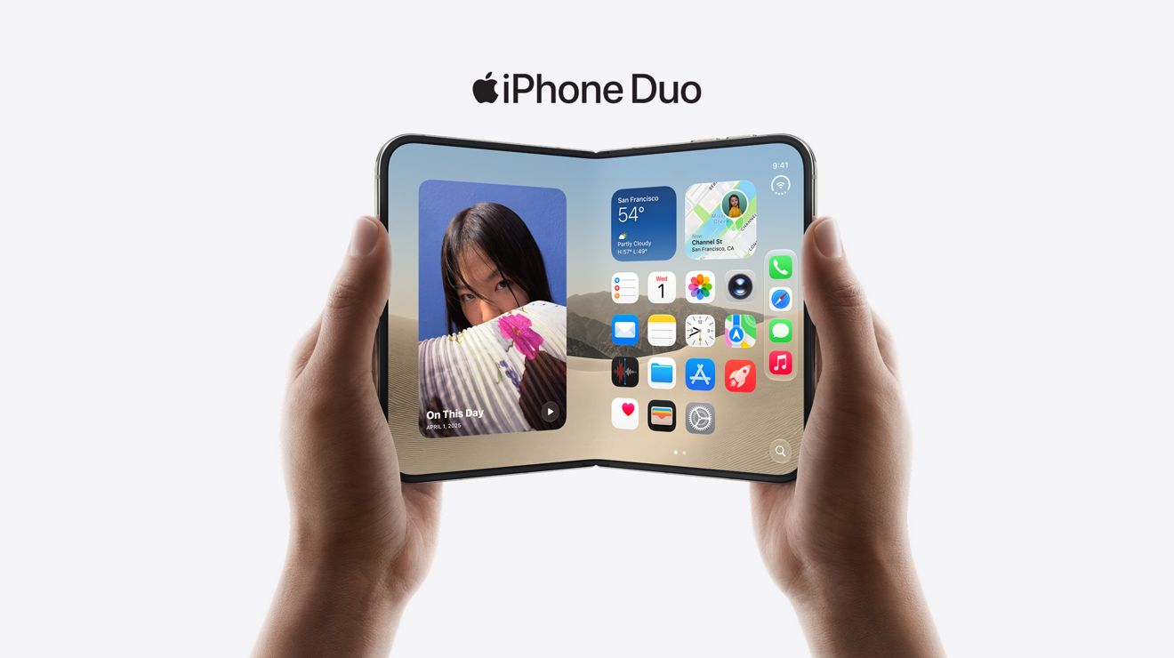 Hands holding an open iPhone Duo beneath the Apple iPhone Duo logo.