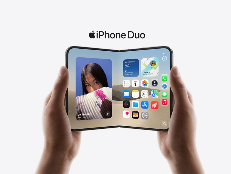 Two hands are holding iPhone Duo. 