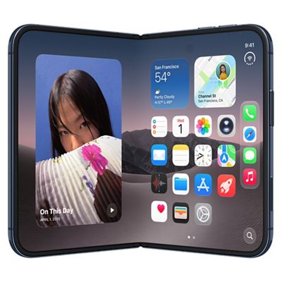 Front and back views of an unfolded iPhone Duo with a desert landscape on its screen.
