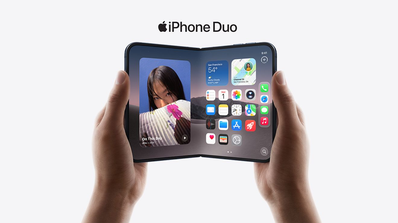 Hands holding an open iPhone Duo beneath the Apple iPhone Duo logo.