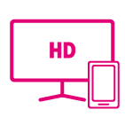 Icon of a computer monitor with the words HD on screen, plus the icon of a smartphone next to it
