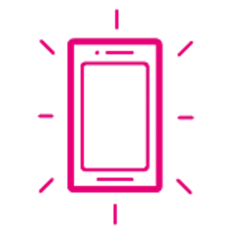 A magenta outline of a smartphone with small lines surrounding it