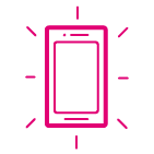 A magenta outline of a smartphone, with short lines radiating out around it
