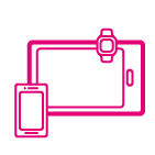 A magenta outline of a smartphone, a tablet, and a wearable