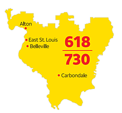 Map of Illinois 618 and 730 area code region, including cities of Alton, East St. Louis, Belleville, and Carbondale