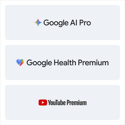 Three image tiles feature logos for Google AI Pro, Google Health Premium, and YouTube Premium.