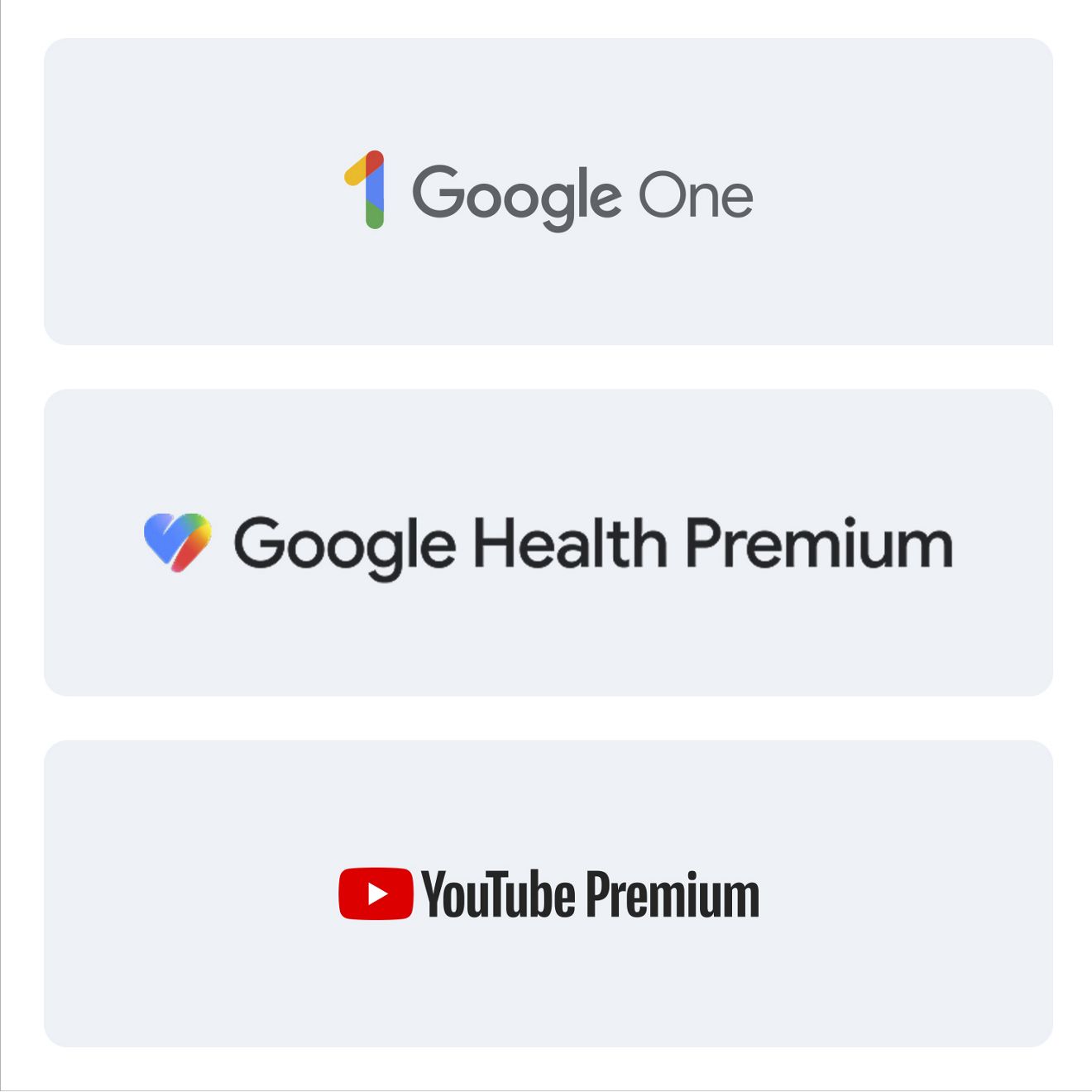 Three tiles displaying logos for Google One Premium 2, Google Health Premium, and YouTube Premium.