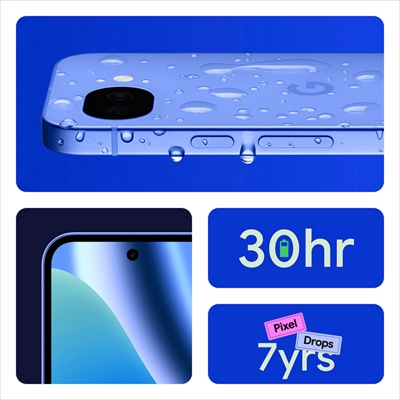 A light‑blue Pixel 10a splashed with water, paired with bold tiles calling out long battery life and years of software updates.