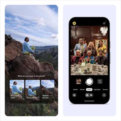 A split view showing smart photo tools in action—on one side, someone perched on a rocky overlook with framing options, and on the other, a phone camera preview using AI to fine‑tune a group shot.