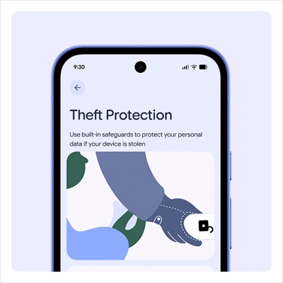 A Pixel 10a screen showing Theft Protection settings, highlighting built‑in tools designed to help keep personal data safe if the phone is lost or stolen.