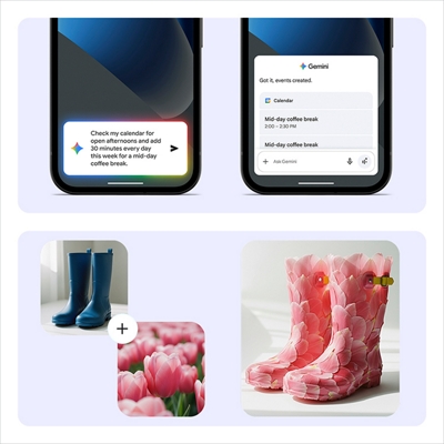 A Pixel 10a screen showing Gemini helping out—turning a quick request into a calendar event and remixing images to create a playful new design.