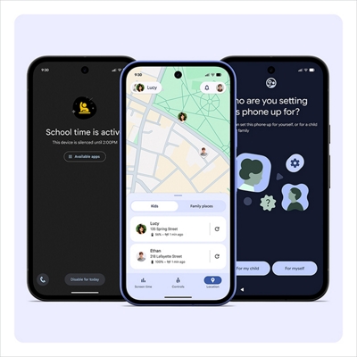 Three Pixel 10a side by side showing family safety features like School Time, location sharing on a map, and easy setup for managing a child’s phone.