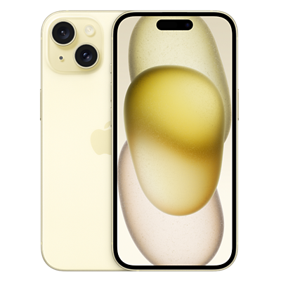Front and back of gold iPhone 15 shown.