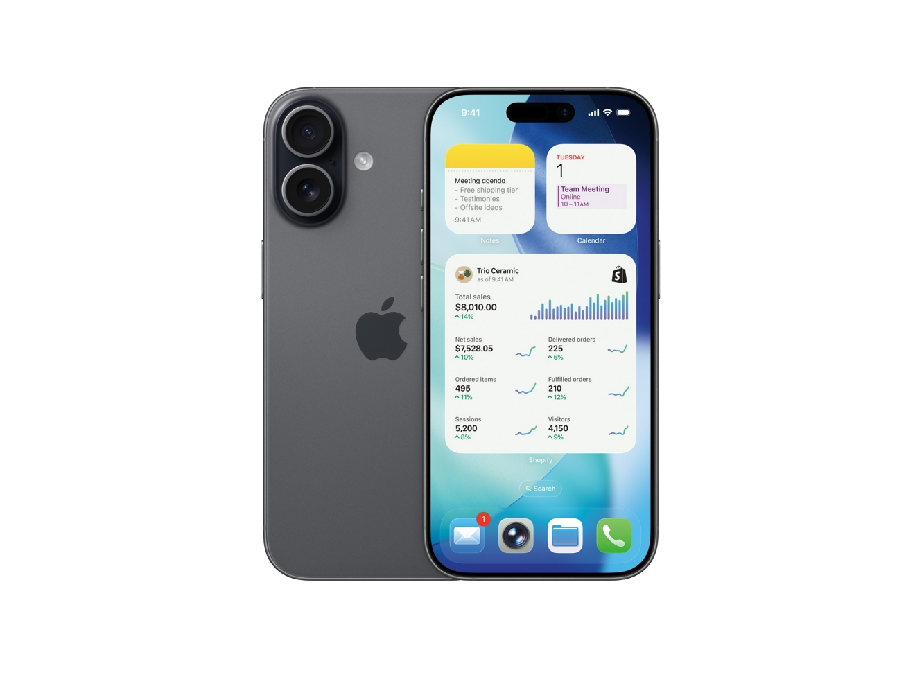 An iPhone 17 shown back and front, displaying notes, calendar, and Shopify apps.