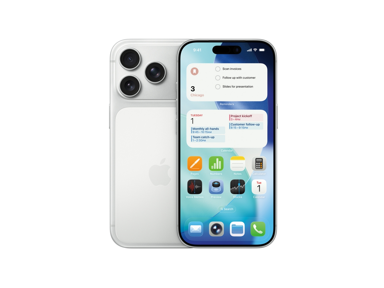 Two silver iPhone 17 Pro devices, shown front and back, viewed from the side.