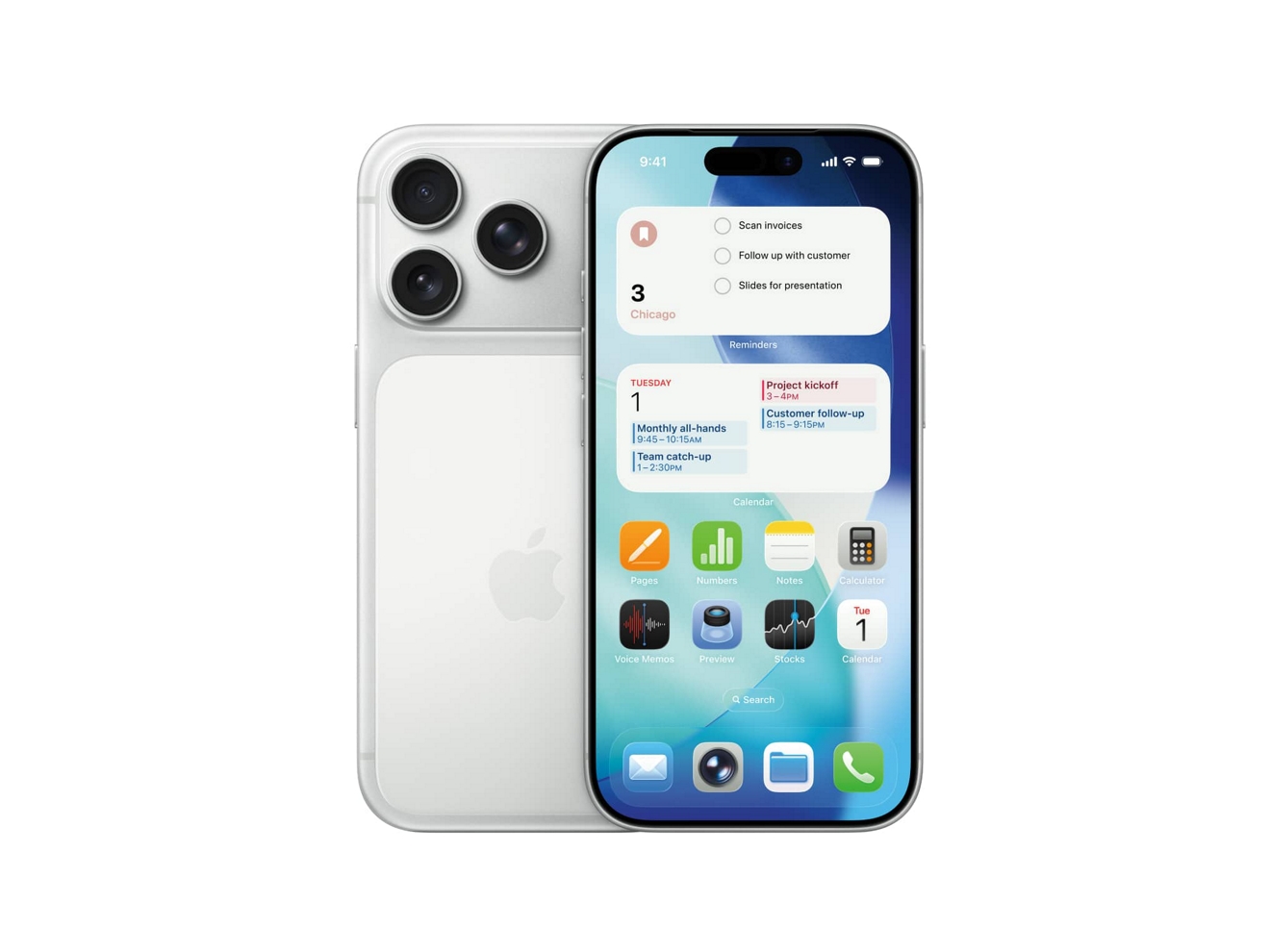 Two silver iPhone 17 Pro Max devices, shown front and back, displaying reminders, calendar, and other apps.