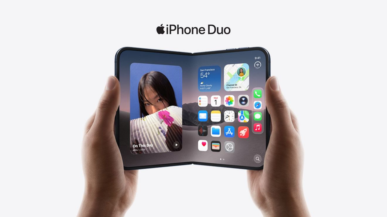 A person holds an iPhone Duo displaying an On This Day photo on one side, and app icons on the other.