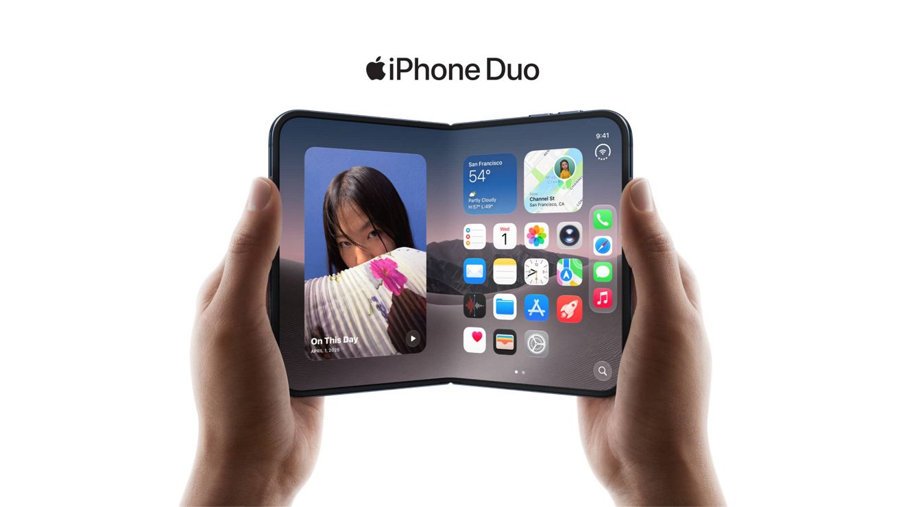 A person holds an iPhone Duo displaying an On This Day photo on one side, and app icons on the other. 