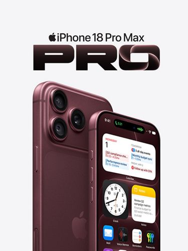 Two burgundy iPhone 18 Pro Max devices shown front and back, showcasing the camera and apps display.