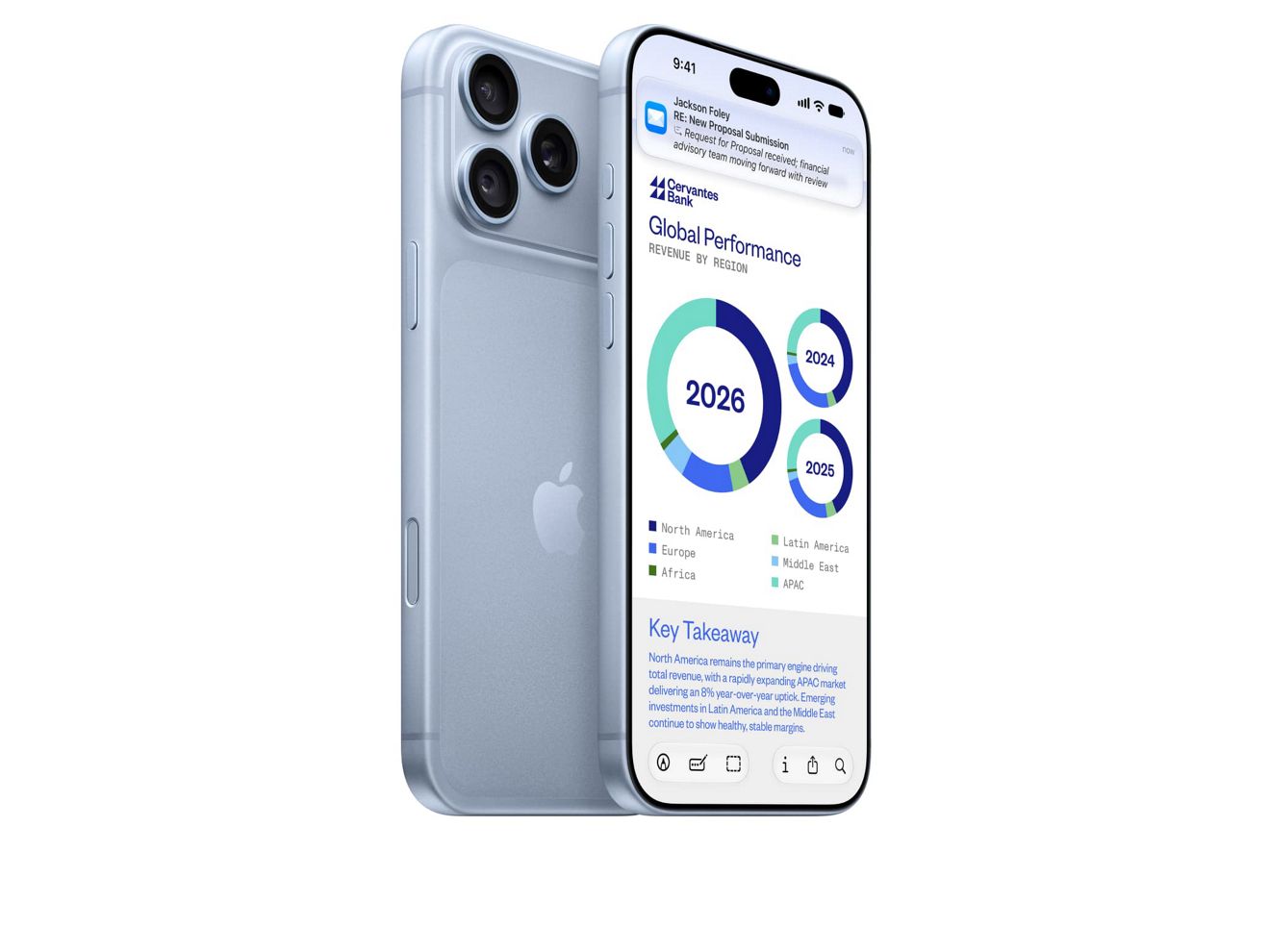 Two iPhone 18 Pro devices in Glacier color, shown front and back.