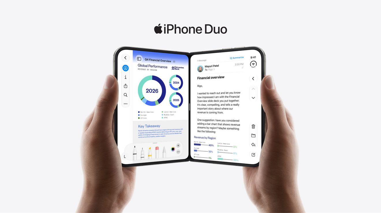 An open iPhone Duo displaying a financial overview document on one side, and an email on the other.