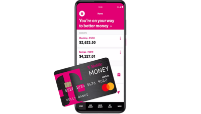 T-Mobile MONEY. Powered by BMT. Accounts provided by Customers Bank. Member FDIC. T-Mobile MONEY debit card overlaying a phone using the T-Mobile MONEY app.