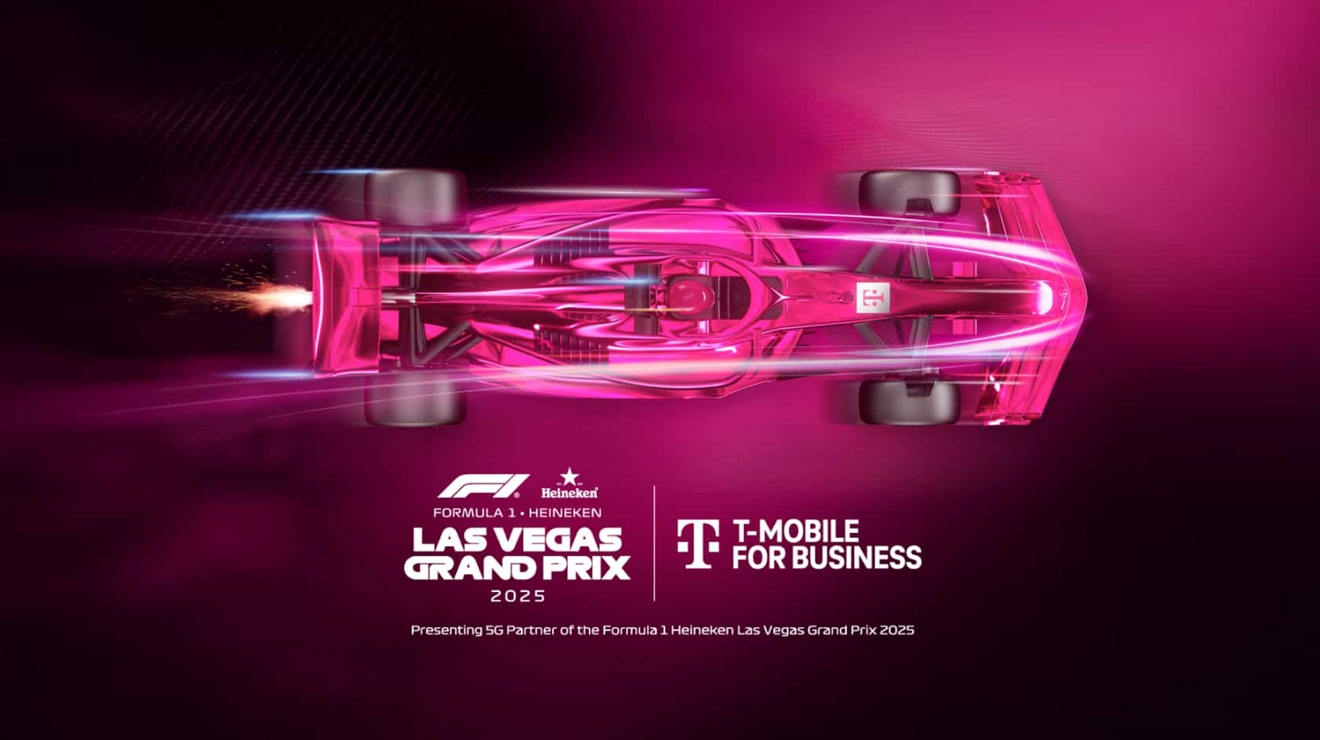 A magenta F1 racecar. T-Mobile for Business, presenting 5G partner, Formula 1 Heineken Las Vegas Grand Prix 2025.