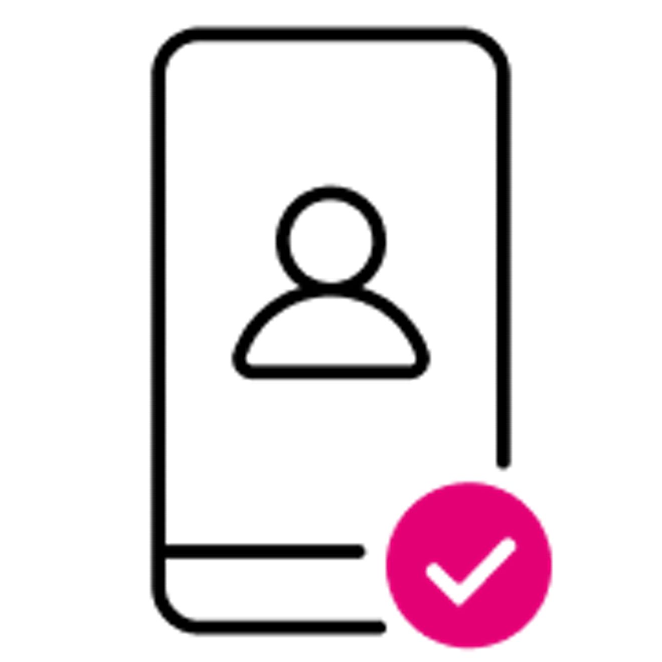 Phone screen with image of person and checkmark. 