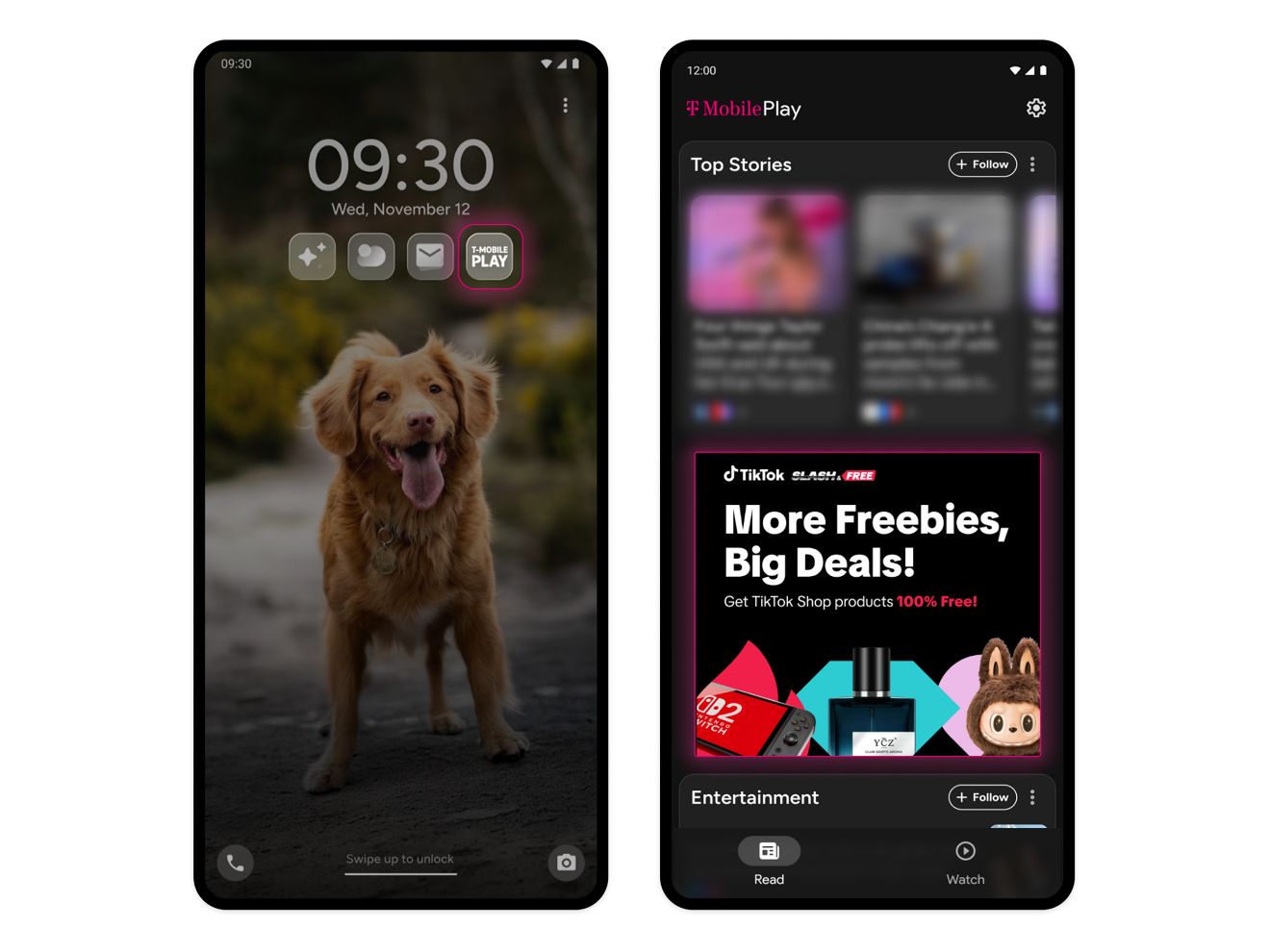 Two Android phone screens. One shows the T-Mobile Play app highlighted as a shortcut on the lockscreen. One shows the T-Mobile Play app open and read to use. 