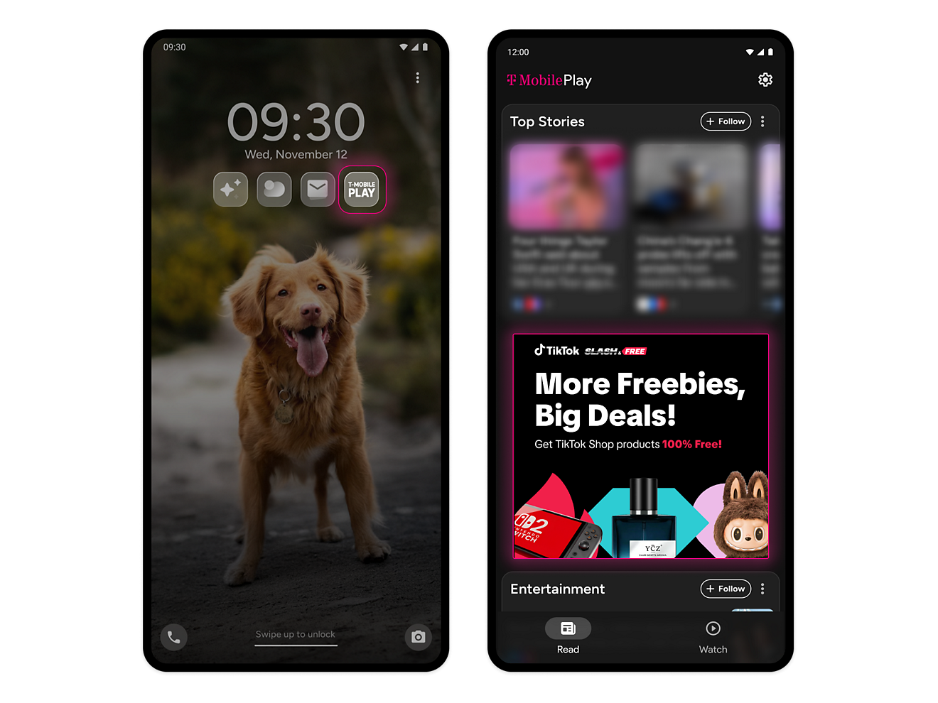 Two Android phone screens. One shows the T-Mobile Play app highlighted as a shortcut on the lockscreen. One shows the T-Mobile Play app open and read to use. 