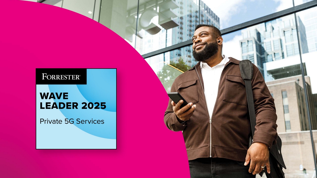 Forrester Wave Leader 2025 logo, and a person on a street using a secure Private 5G network on a phone.