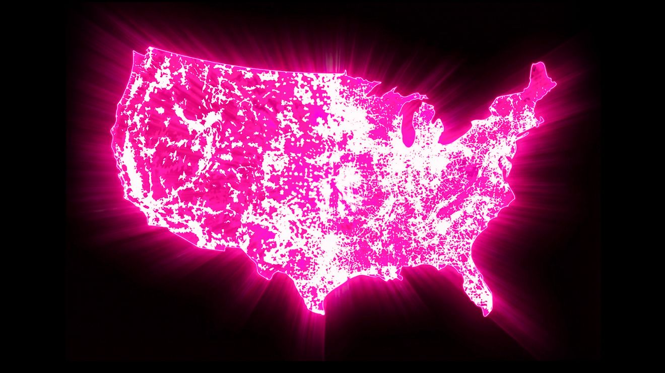 A U.S. map glowing magenta showing T-Mobile's network coverage.