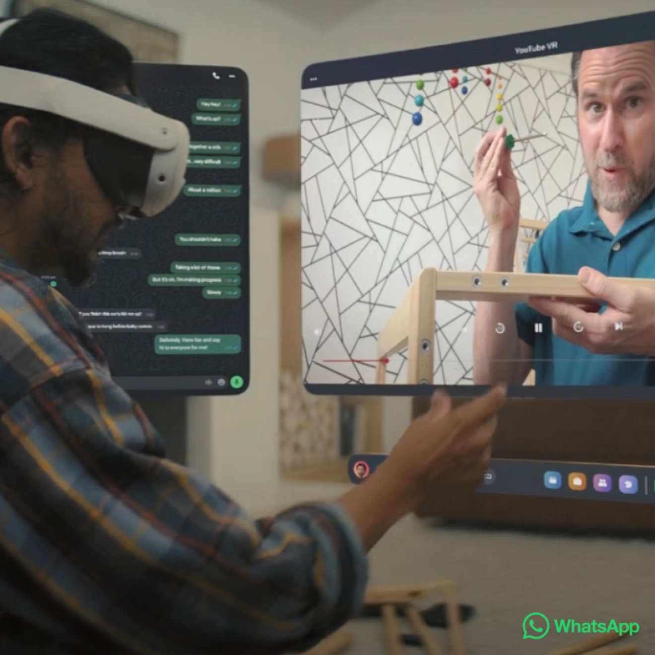 Person using Meta Quest 3 with 2 screens in order to multi-task